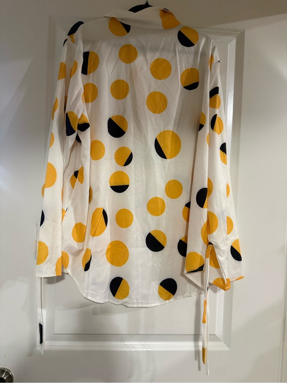 Polka Dot Satin Button-Up Blouse - Yellow & Black on White